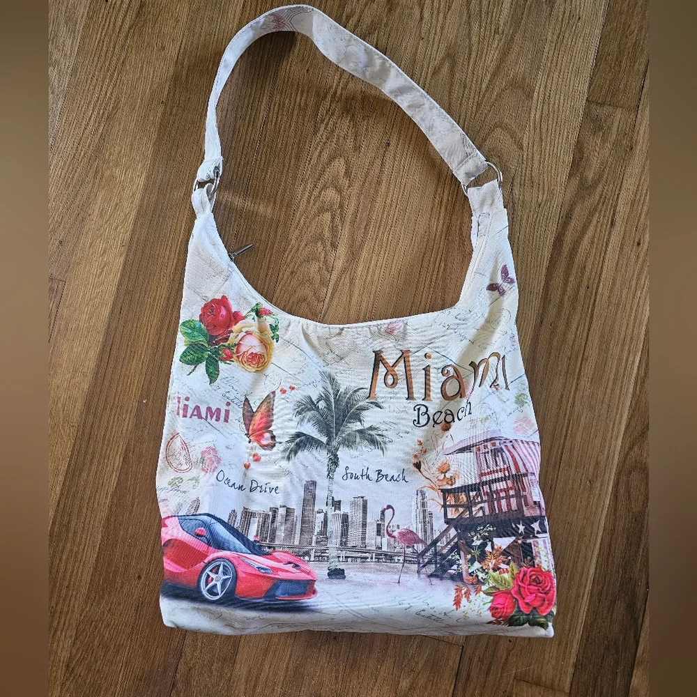 Miami Beach Vacation Postcard Print Zippered Shoulder Bag NWOT - Picture 2 of 12
